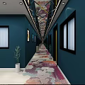 Hotel Corridor With Dark Blue Walls Yellow Door And Colorful Floral Patterned Floor