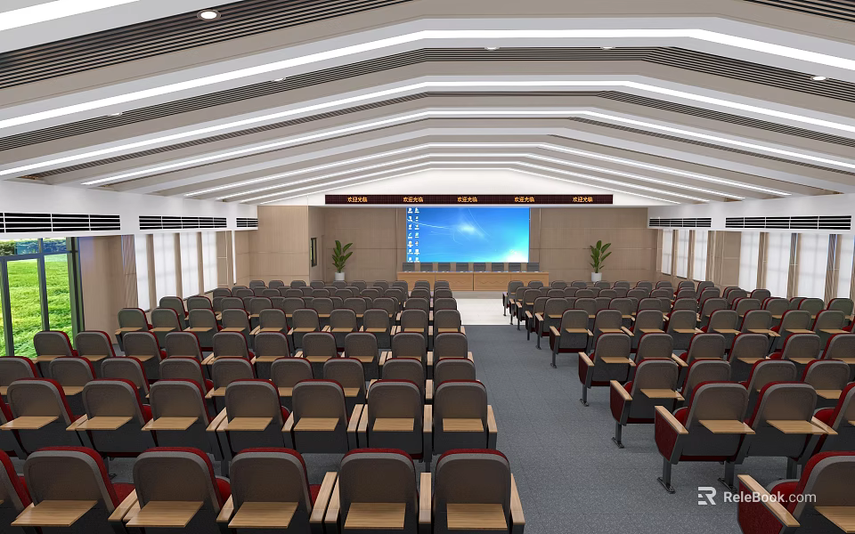 Modern Conference Room Featuring Rows of Comfortable Chairs and Front Large Digital Screen 3d model 