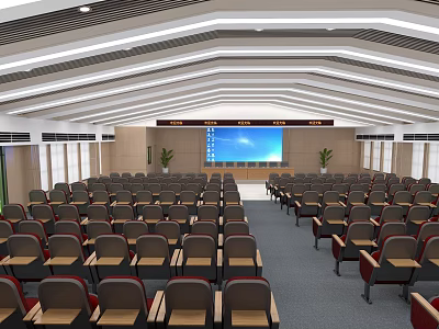 Modern Conference Room Featuring Rows of Comfortable Chairs and Front Large Digital Screen 3d model