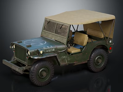 Vintage Military Jeep Olive Green With Canvas Top Star Emblem And Large Tires 3d model