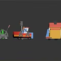 Cartoon Scene With Colorful Houses Blue Trucks Red Boat And Traffic Cones