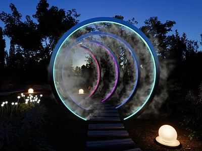 Nighttime Photo Check-in Spot Featuring Circular Glowing Rings Smoke Pathway And Spherical Lights 3d model