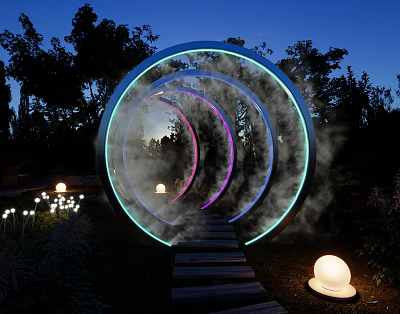 Nighttime Photo Check-in Spot Featuring Circular Glowing Rings Smoke Pathway And Spherical Lights 3d model