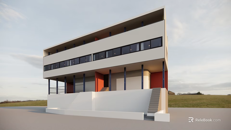 Modern Two Story Detached House With Large Windows White Red Exterior Pillars And Stairs 3d model 