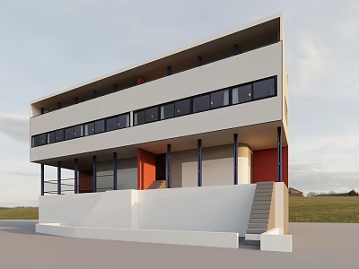 Modern Two Story Detached House With Large Windows White Red Exterior Pillars And Stairs 3d model