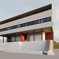 Modern Two Story Detached House With Large Windows White Red Exterior Pillars And Stairs