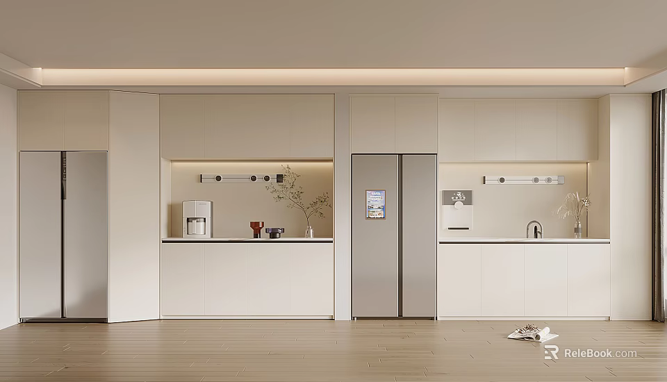 Modern Wine Cabinet with Minimalist Design Wooden Shelves and LED Lighting in Kitchen 3d model 