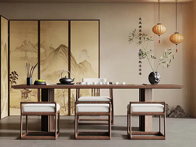 Chinese Tea Room Interior With Landscape Screen Hanging Lanterns And Wooden Tea Table 3d model