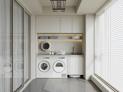 Modern Home Balcony Interior With Washing Machine Dryer White Cabinets And Blinds 3d model