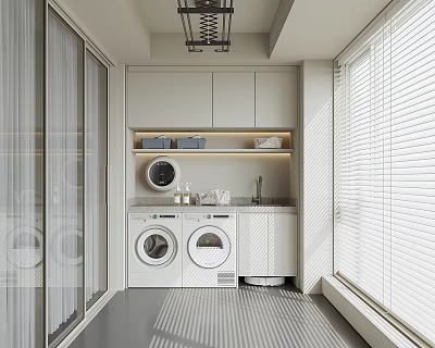 Modern Home Balcony Interior With Washing Machine Dryer White Cabinets And Blinds 3d model