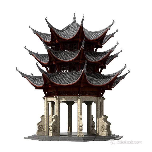 Traditional Chinese Pavilion With Multi Tiered Curved Eaves Black Tiled Roof And White Pillars 3d model 