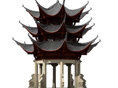 Traditional Chinese Pavilion With Multi Tiered Curved Eaves Black Tiled Roof And White Pillars 3d model