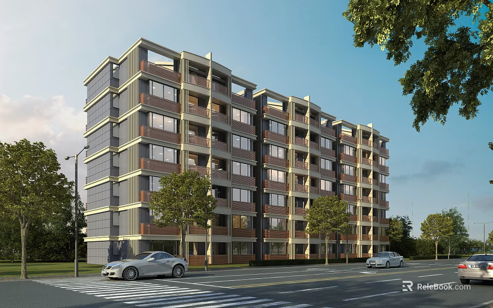 Modern Multi Story Residential Building Exterior With Trees And Cars On Street 3d model 