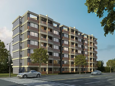 Modern Multi Story Residential Building Exterior With Trees And Cars On Street 3d model
