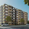 Modern Multi Story Residential Building Exterior With Trees And Cars On Street