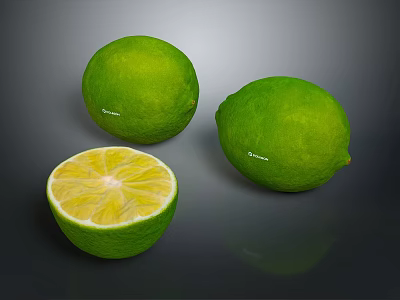 Fresh Green Limes With One Sliced Showing Juicy Inner Flesh 3d model