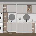 Modern Home Balcony Interior With Washing Machine Storage Cabinets Mirror And Plants