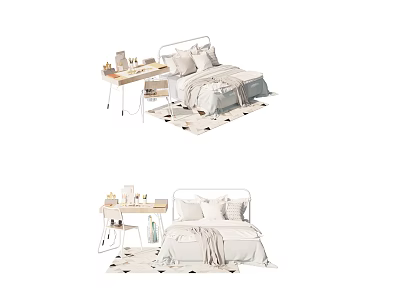Modern Double Bed With White Bedding Pillows Wooden Desk And Carpet 3d model