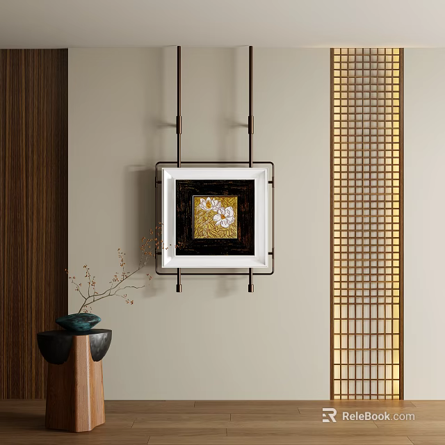 Minimalist Wall Hanging Abstract Painting With Wooden Frame And Golden Lattice Decor 3d model 