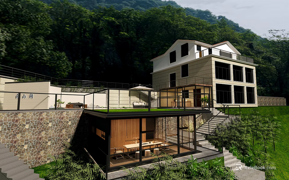 Modern Detached Villa With Mountain View Lush Greenery And Glass Terrace Structure 3d model 