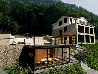 Modern Detached Villa With Mountain View Lush Greenery And Glass Terrace Structure 3d model