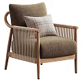 Modern Accent Chair With Wooden Frame Rattan Sides Light Gray Seat And Plaid Pillow