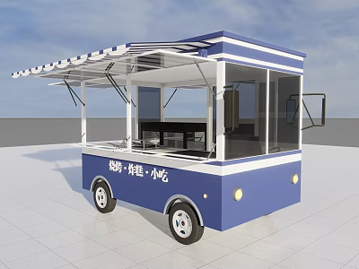 Blue And White Mobile Food Cart With Awning Transparent Windows And Wheels 3d model