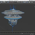 Futuristic Floating Spaceship With Multi Level Structure And Blue Glowing Stripes 3d model