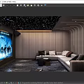 Modern Home Theater Room Interior With Starry Ceiling Gray Walls Curved Lines And Large Screen