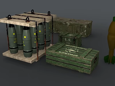 Military Weapons Including Green Bombs On Wooden Pallet With US Ordnance Crates And Yellow Bomb 3d model