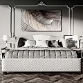 Elegant Double Bed with Quilted Upholstery Decorative Painting Bedside Lamps and Ornate Wall Panels