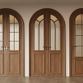 Three Wooden Hinged Doors With Arched Top Glass Panes And Metal Handles