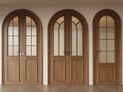 Three Wooden Hinged Doors With Arched Top Glass Panes And Metal Handles 3d model