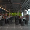 Industrial Style Restaurant Interior With Copper Pipes Green Plant Wall Round Tables And Black Stools