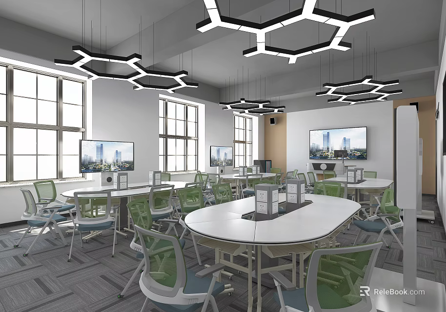 School Bright Learning Classroom With Hexagonal Hanging Lights Round Tables And Green Chairs 3d model 