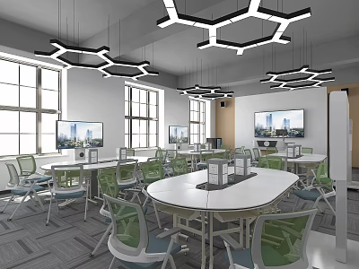 School Bright Learning Classroom With Hexagonal Hanging Lights Round Tables And Green Chairs 3d model