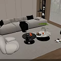 Modern Gray Sofa And Coffee Table Set With Black Cushions Marble Top White Armchair
