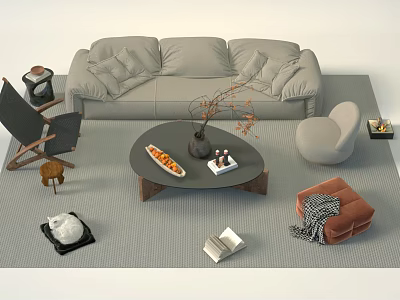 Modern Light Gray Sofa and Coffee Table Set with Decorative Pillows Blanket and Vase 3d model