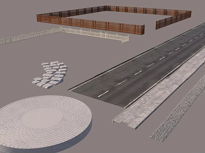 Road Facilities Including Pavement Guardrails Circular Structure And Stone Blocks 3d model