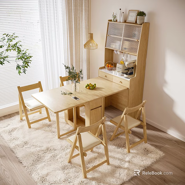 Cozy Wooden Dining Table Set With Four Chairs Storage Cabinet Green Plant Fruits And Lamp 3d model 