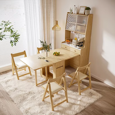 Cozy Wooden Dining Table Set With Four Chairs Storage Cabinet Green Plant Fruits And Lamp 3d model