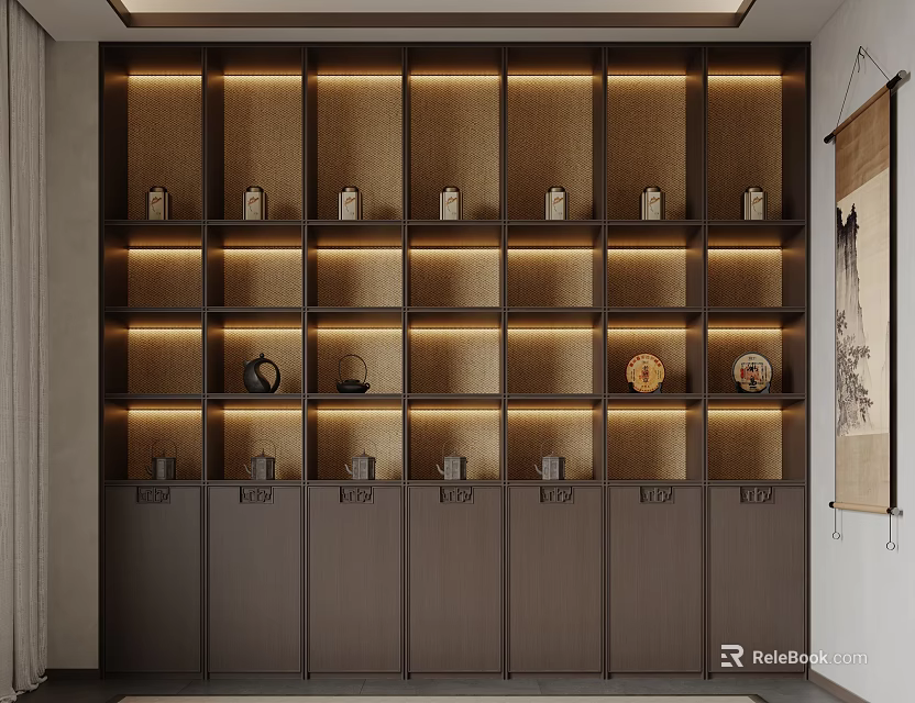 Modern Chinese Wine Cabinet With Layered Shelves LED Lighting And Decorative Ornaments 3d model 
