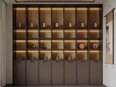 Modern Chinese Wine Cabinet With Layered Shelves LED Lighting And Decorative Ornaments 3d model
