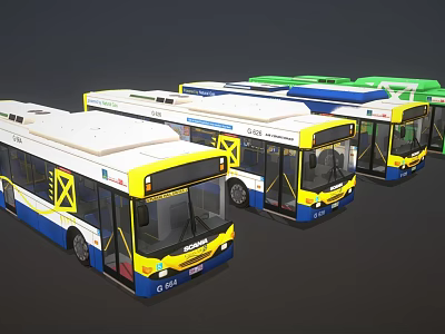 Multiple City Buses With Yellow Blue White Exterior Lined Up In Row 3d model