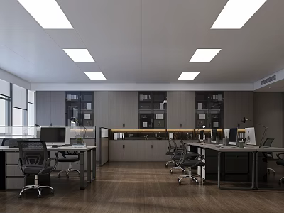 Public Office Interior With Desks Chairs Computers Gray Cabinets Wooden Flooring And White Ceiling Lights 3d model