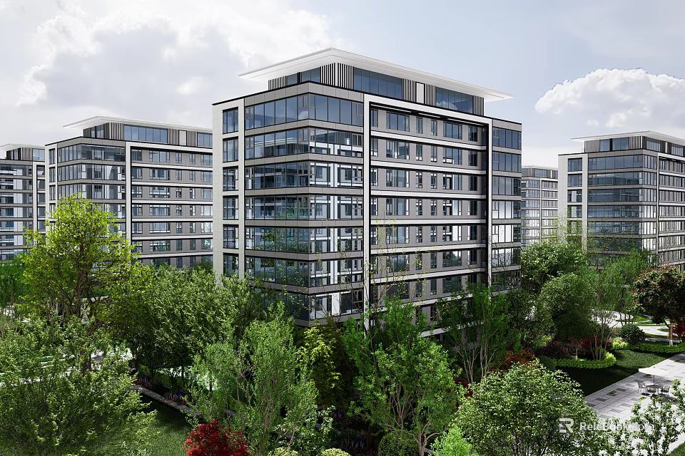 Modern Mid Rise Residential Apartment Buildings With Glass Facade Green Landscape And Trees 3d model 
