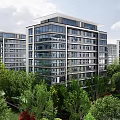 Modern Mid Rise Residential Apartment Buildings With Glass Facade Green Landscape And Trees