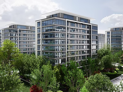 Modern Mid Rise Residential Apartment Buildings With Glass Facade Green Landscape And Trees 3d model