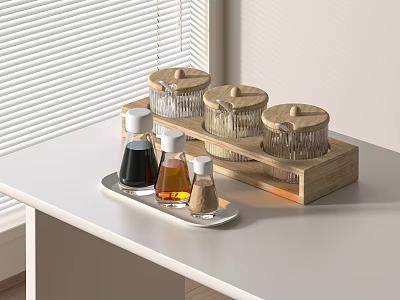 Wooden Tray with Transparent Spice Jars in Modern Kitchen Countertop for Seasoning Storage 3d model