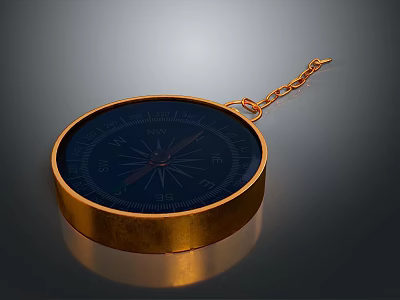 Elegant Decorative Vintage Compass With Golden Frame Black Dial And Chain 3d model